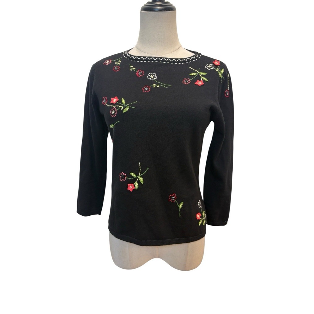 Vtg Susan Bristol Blank Knit Top Floral‎ Embroidered Sz S Y2K Soft Girl